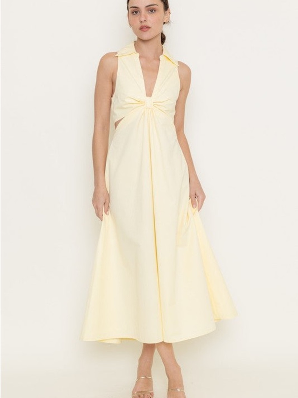 Sleeveless Pale Yellow Midi Dress with Twist Front and Collar